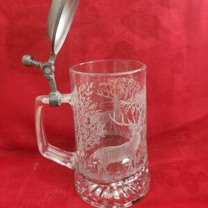 Fi. Ve. ITALY Beer Glass Mug Stein w/Pewter Lid Etched Landscape w/Dears Vintage